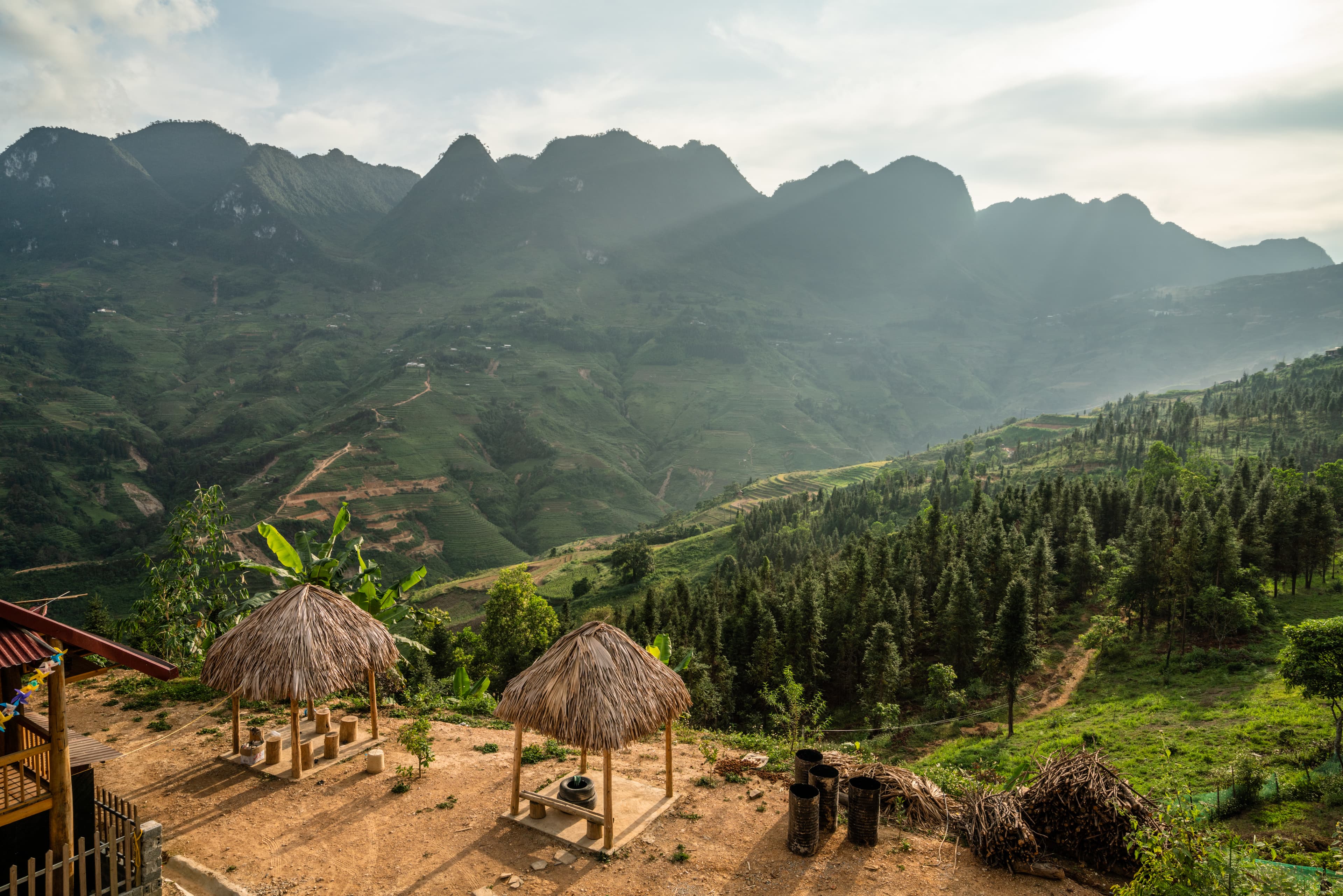 Green Ethiopian highlands beneath a clear sky