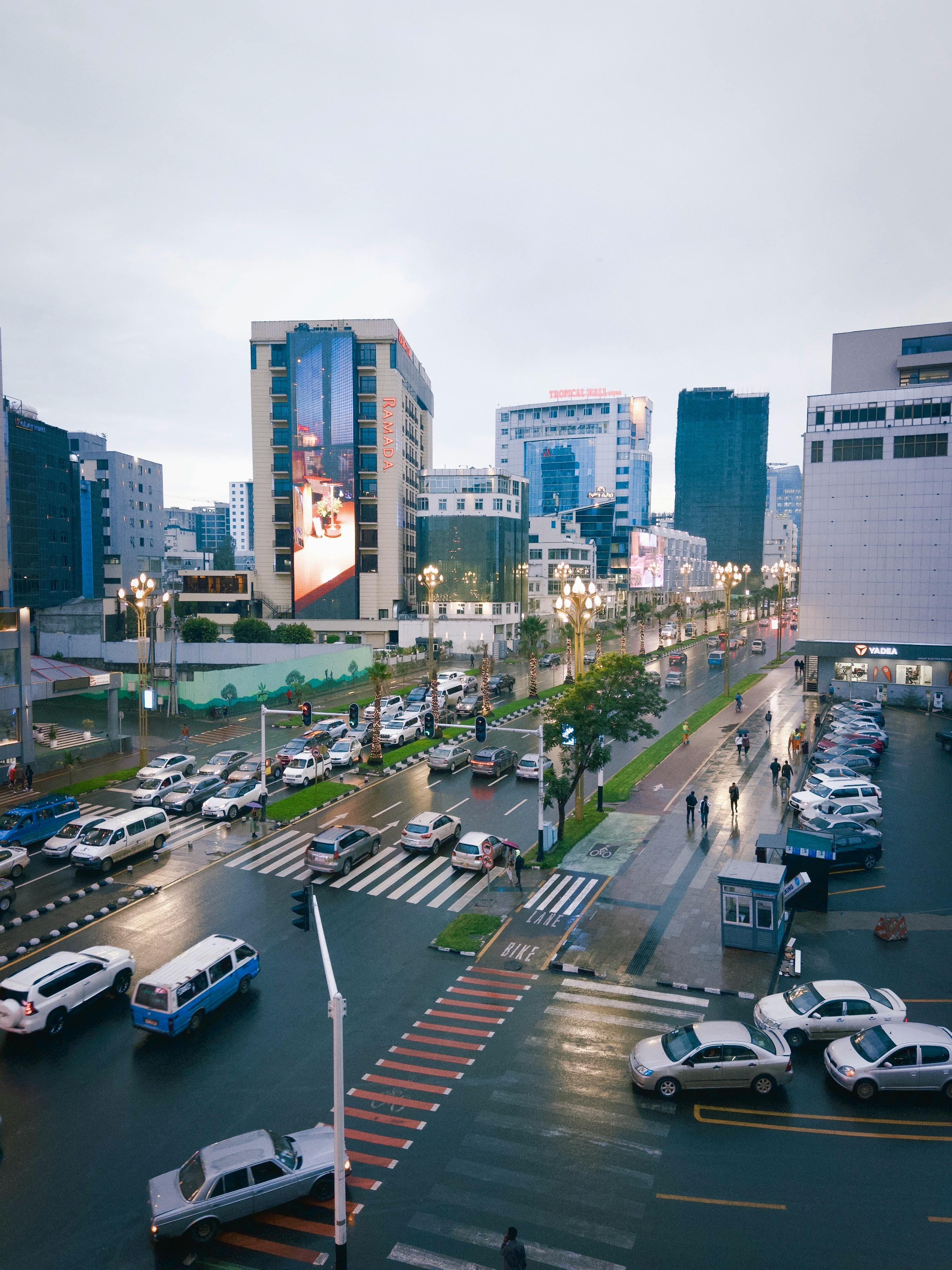 A busy modern avenue in Addis Ababa after rain